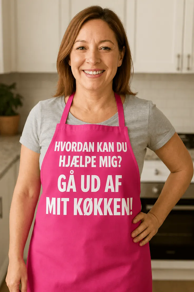 Forklæde ud af mit køkken med teksten HVORDAN KAN DU HJÆLPE MIG? GÅ UD AF MIT KØKKEN!
