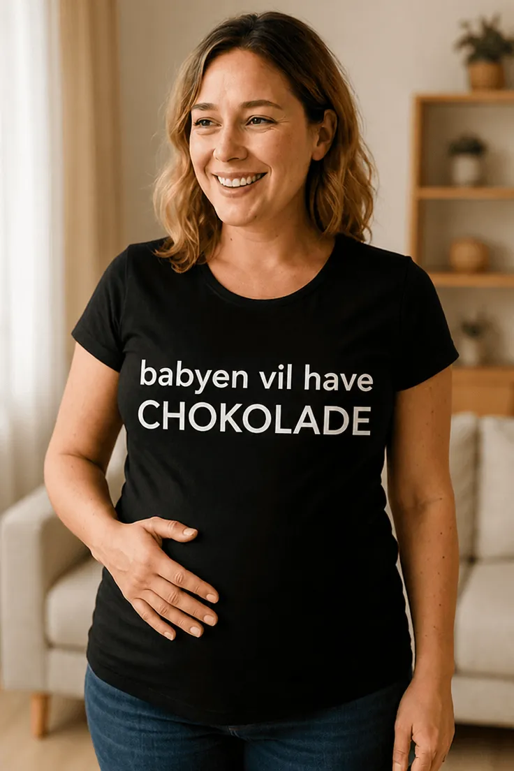 Gravid t-shirt med teksten babyen vil have CHOKOLADE som sjov gave til gravid