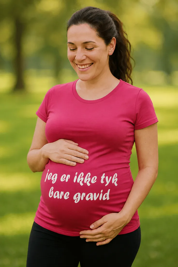 Gravid t-shirt med teksten jeg er ikke tyk bare gravid som sjov gave til kommende mor