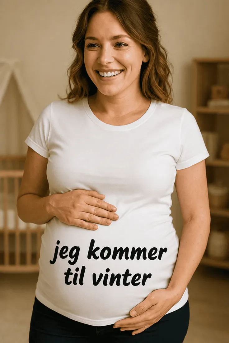 Gravid t-shirt Jeg kommer til vinter med sjovt graviditetsmotiv og teksten jeg kommer til vinter