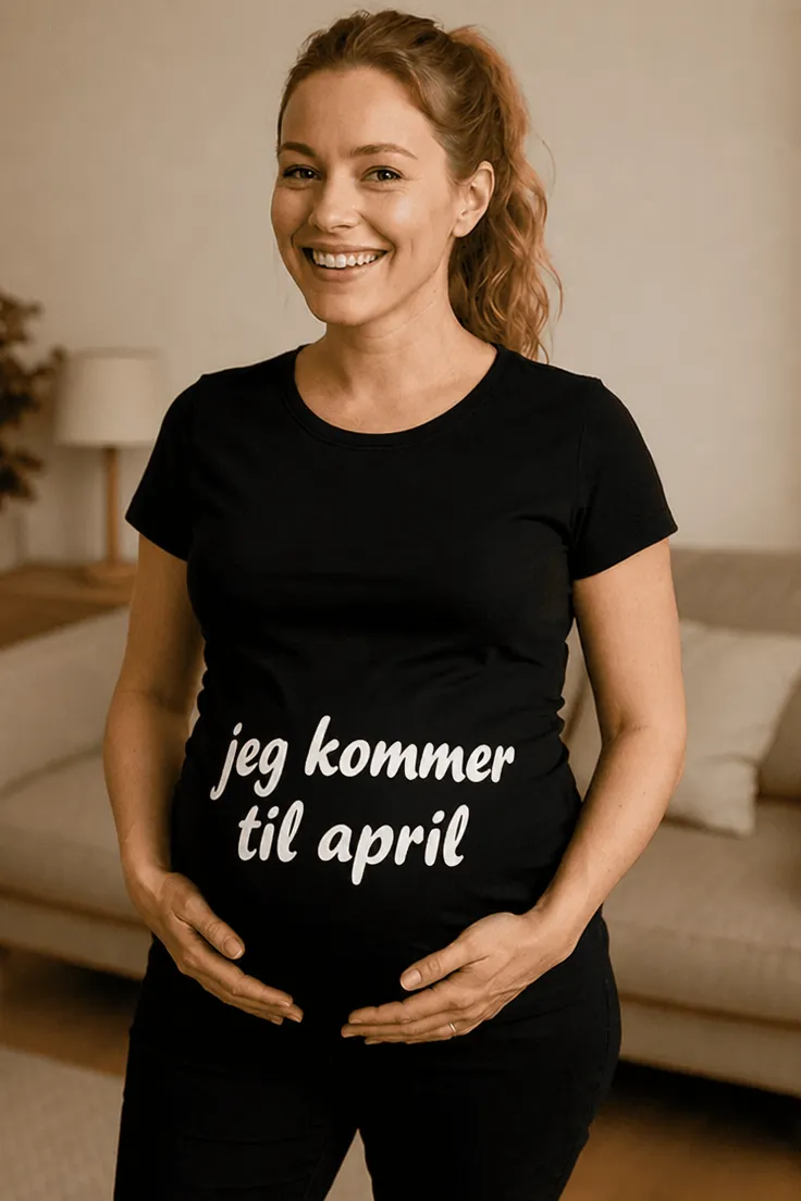 Gravid t-shirt Kommer til april som gave til fødselsdag eller sjov graviditetsafsløring