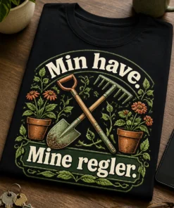 Have t-shirt med teksten Min have. Mine regler. Med krydsede skovl og rive, grøn og terrakotta illustration i rustik stil.