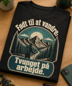 Hiking t-shirt med badge-design, bjerglinje, sol og fyrretræer samt teksten Født til at vandre. Tvunget på arbejde.