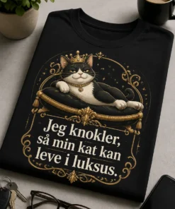 Sort t-shirt med luksuriøs kat i krone på pude og teksten Jeg knokler, så min kat kan leve i luksus.