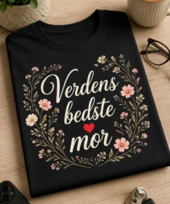 T-shirt til mor med teksten Verdens bedste mor, lille rødt hjerte og fine vilde blomster i lys, elegant stil på mørk baggrund