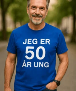 Sjov t-shirt 50 år ung som gave til 50 års fødselsdag med humor