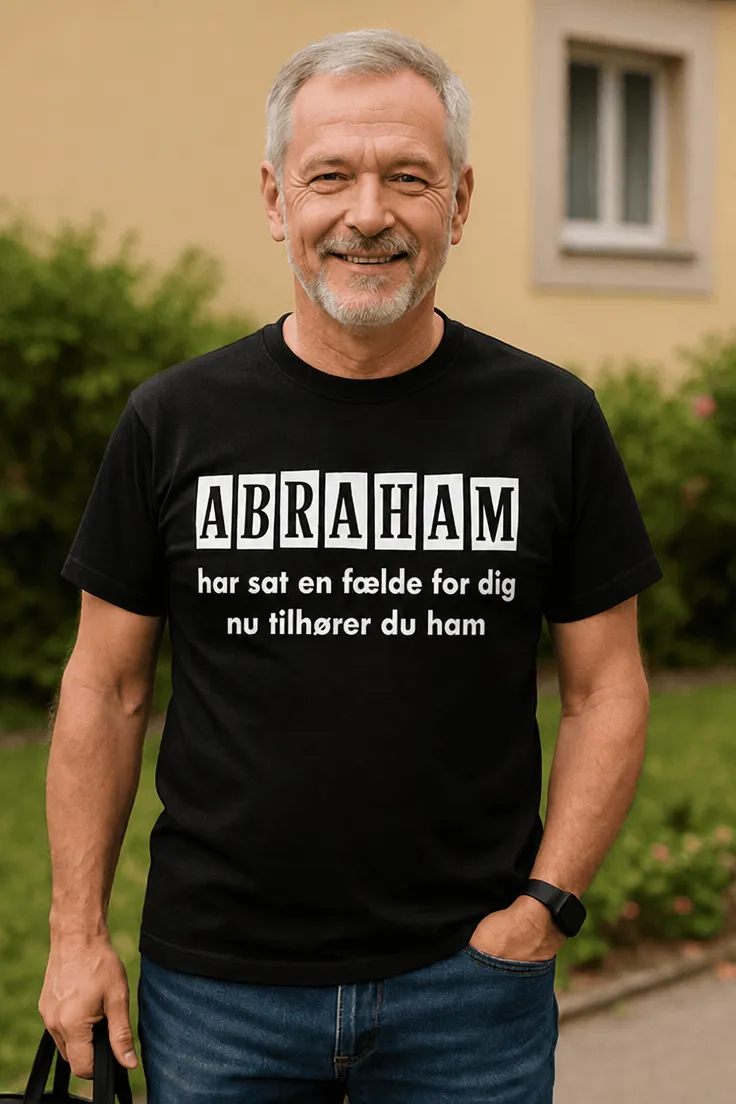 Sjov t-shirt Abraham har fanget dig med teksten ABRAHAM har sat en fælde for dig nu tilhører du ham