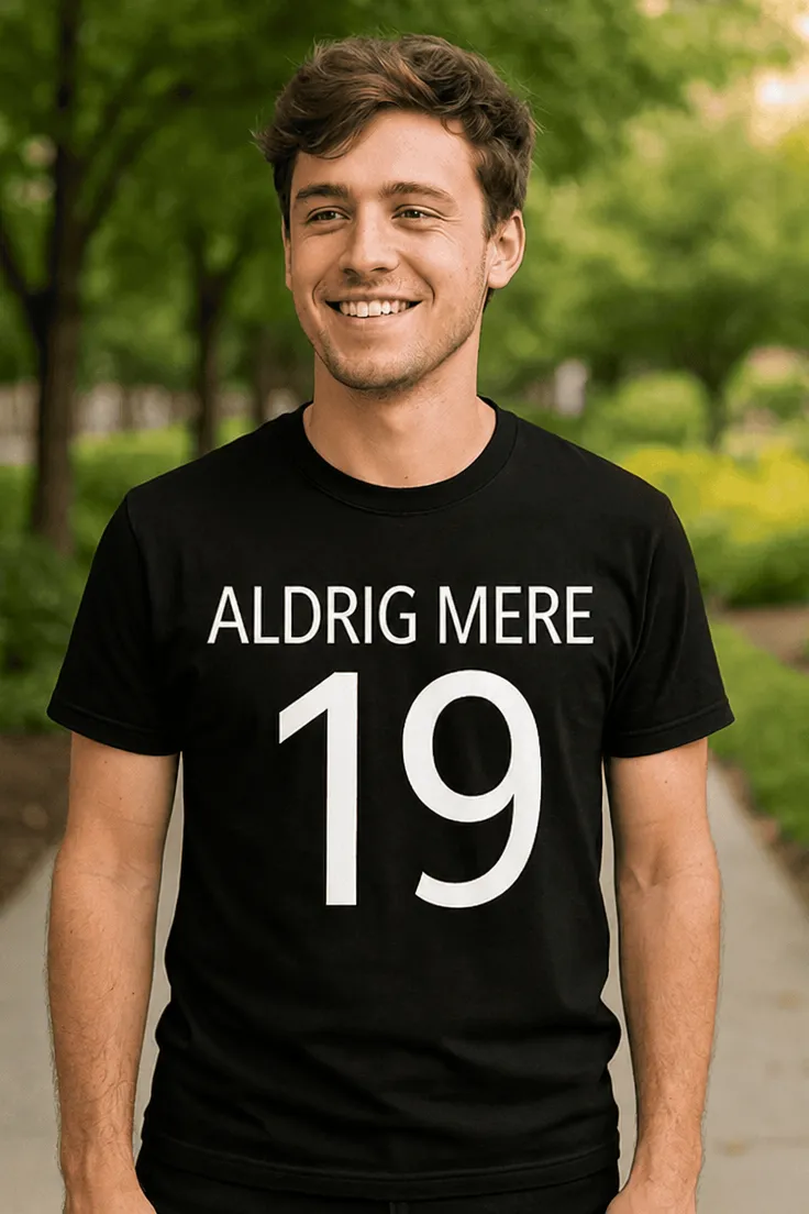 Sjov t-shirt Aldrig mere 19 med teksten ALDRIG MERE 19