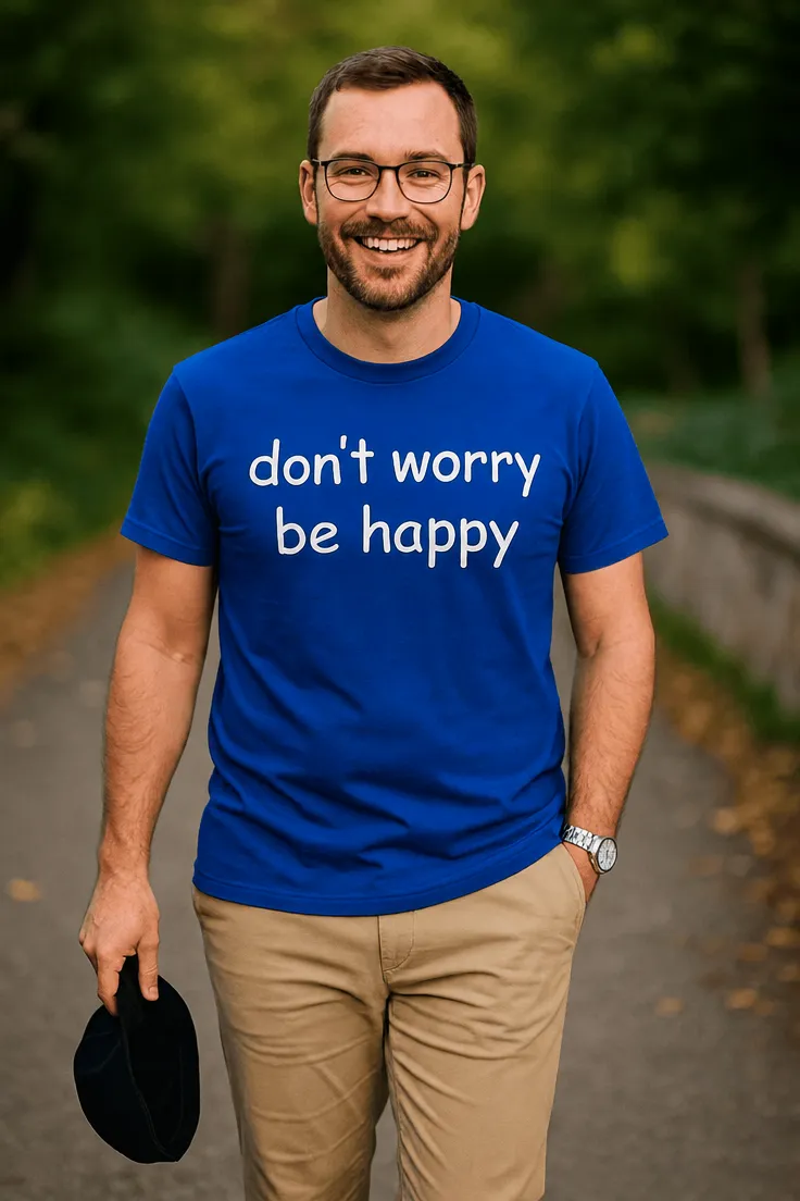 Sjov t-shirt Dont worry be happy med humoristisk print til gave