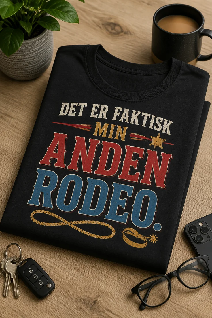 Sjov T-shirt med teksten "Det er faktisk min anden rodeo." i modern vintage-western stil med centreret typografi og små rodeo-detaljer.