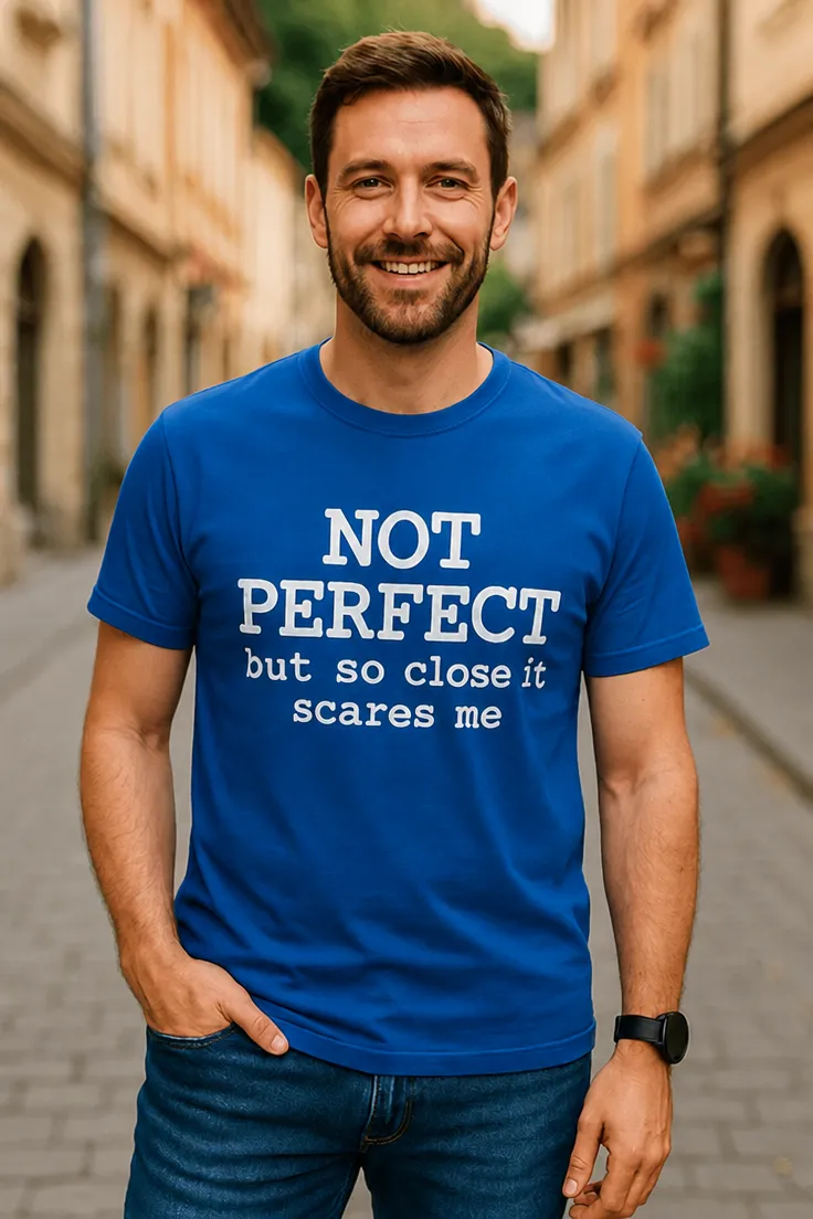 Sjov t-shirt Næsten perfekt som gave til fødselsdag for perfektionisten med humor