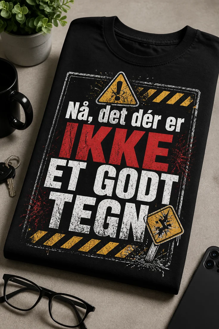 Grunge T-shirt med teksten Nå, det dér er ikke et godt tegn i slidstærk typografi med rå, humoristisk udtryk