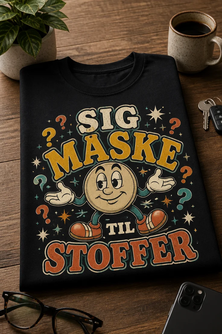 Vintage parody T-shirt med teksten "SIG MÅSKE TIL STOFFER", centreret retro PSA-design i slidte 70'er-farver med shrugging cartoon og spørgende humor.