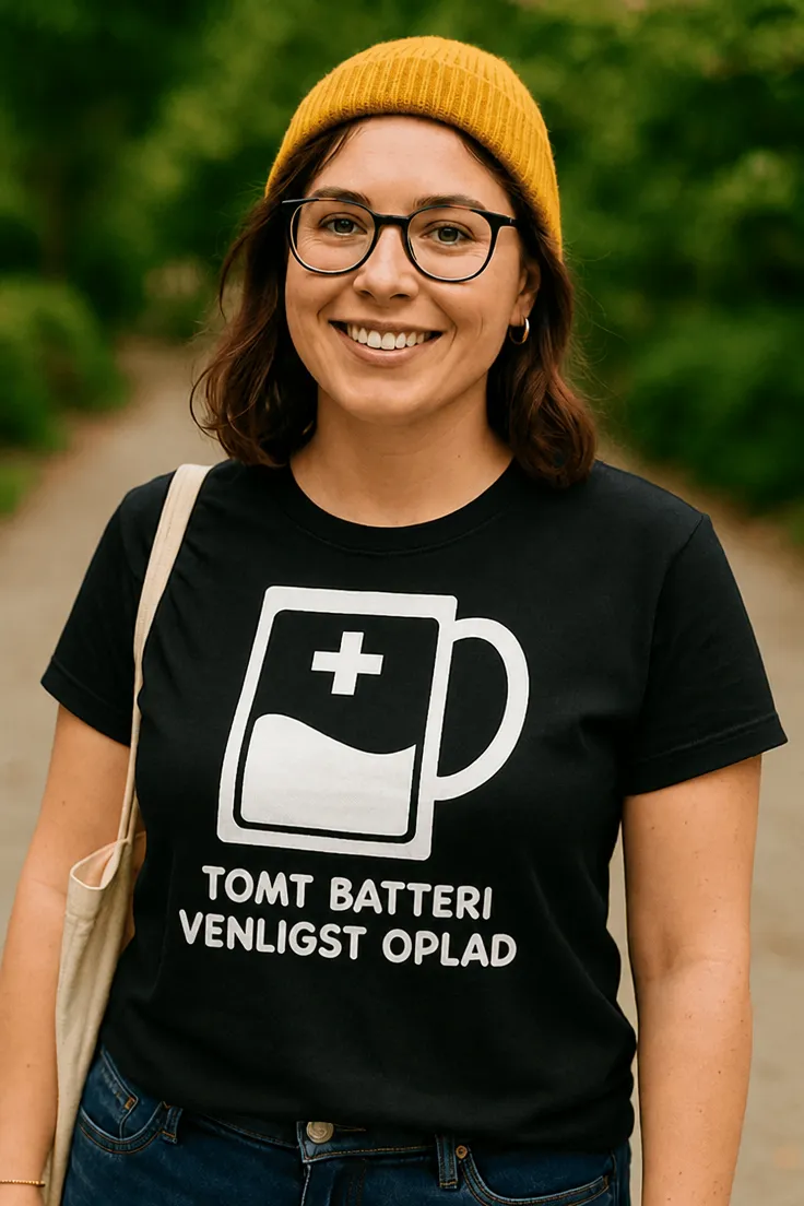 Sjov t-shirt Tomt batteri oplad venligst med teksten TOMT BATTERI VENLIGST OPLAD